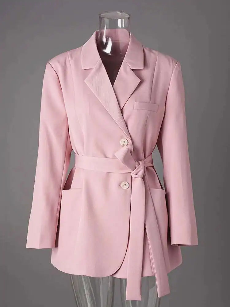 Women Beige Belted Pocket Big Size Elegant Blazer New Lapel Long Sleeve Jacket Fashion Tide Spring Autumn 2025 CPG2777