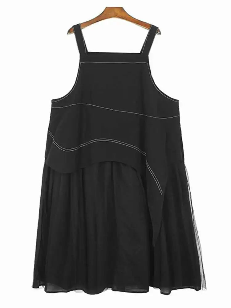 Women Black Topstitched Mesh Big Size Strap Dress New Square Collar Sleeveless Fashion Tide Spring Autumn 2025  1DH6192