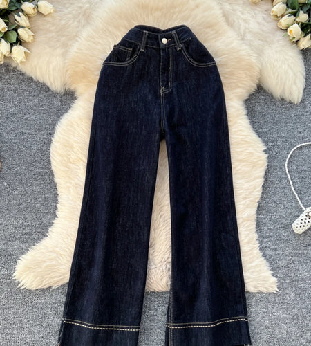 Spring Korean Vintage Blue High Waist Straight Denim Pant Women Wide Leg Jeans Fashion Casual Popular Streetwear Trousers Trendy