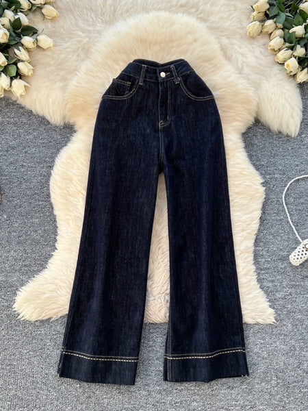 Spring Korean Vintage Blue High Waist Straight Denim Pant Women Wide Leg Jeans Fashion Casual Popular Streetwear Trousers Trendy