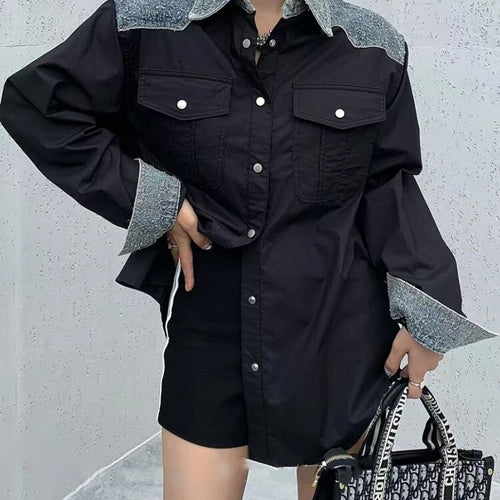 Load image into Gallery viewer, Colorblock Patchwork Denim Casual Shirts For Women Lapel Long Sleeve Spliced Pockets Blouse Female Fashion Clothing
