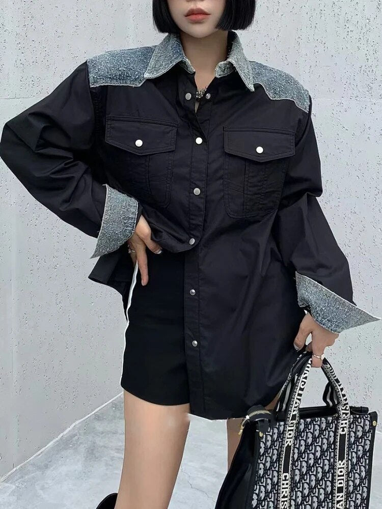 Colorblock Patchwork Denim Casual Shirts For Women Lapel Long Sleeve Spliced Pockets Blouse Female Fashion Clothing