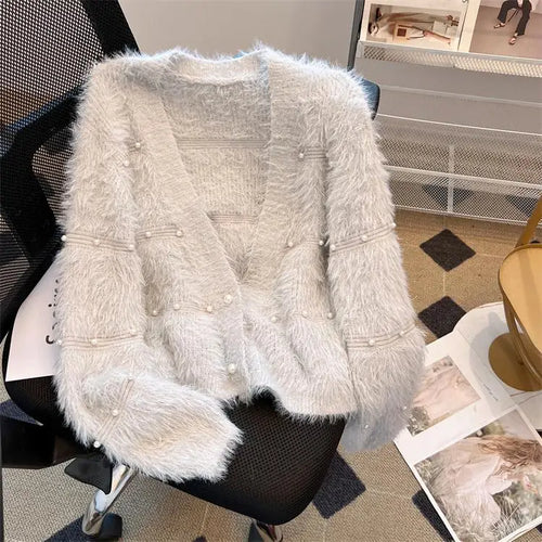 Load image into Gallery viewer, Autumn Winter Vintage Fashion 2024 New Solid Elegant Pearl Button Imitation Mink Short Sweater Women V Neck Cardigan Knit Tops
