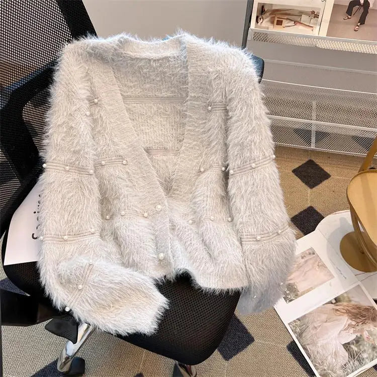 Autumn Winter Vintage Fashion 2024 New Solid Elegant Pearl Button Imitation Mink Short Sweater Women V Neck Cardigan Knit Tops