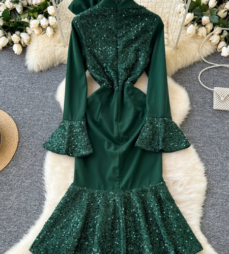 French 2024 Autumn New Green Bow Decoration Elegant Sequin Ruffle Edge Fishtail Long Dress Vintage Evening Party Dresses Women