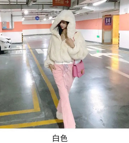 2024 Women's Clothing Streetwear Black Crop Jackets High Waist Furry Korean Outwear Y2k Tops Hooded Fashion Casual Soft Coats