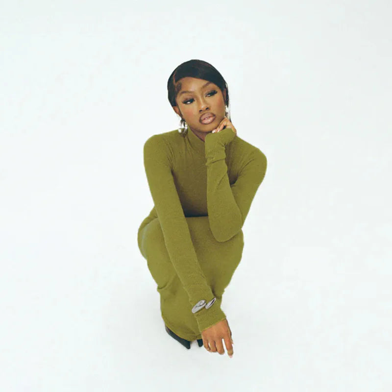 Turtleneck Long Sleeve Maxi Dress For Women Autumn New Elegant Solid Slim Fit High Waist Sexy Long Dress Ladies New