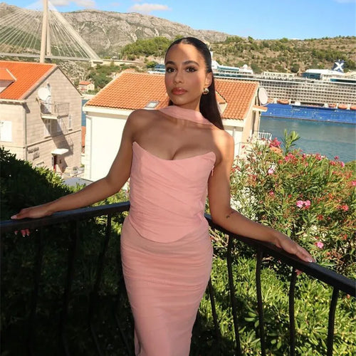 Load image into Gallery viewer, Wine Red Sexy Two Piece Sets Women Neckerchief Strapless Crop Tops And Maxi Skirt Sets Club Party Skirt Two Piece Sets
