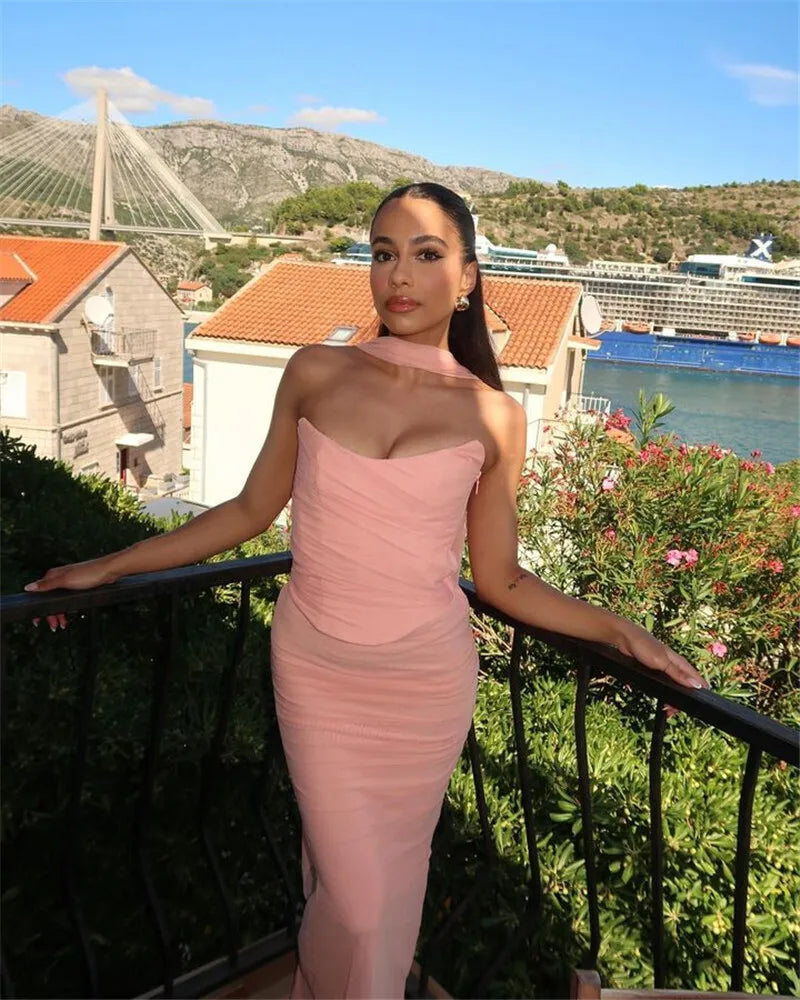 Wine Red Sexy Two Piece Sets Women Neckerchief Strapless Crop Tops And Maxi Skirt Sets Club Party Skirt Two Piece Sets