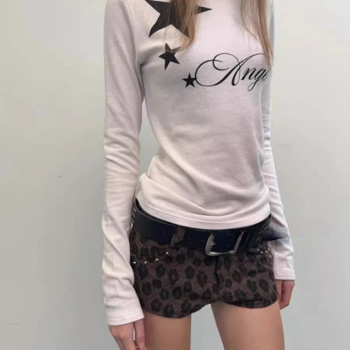 Load image into Gallery viewer, Y2k Aesthetic Letter Star Printing Vintage Tshirts Women Straight Barrel Grunge Autumn Tees Harajuku Simple Streetwear T Shirt
