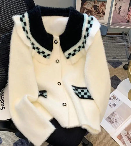French Vintage Black White Patchwork Mink Sweater Women's 2024 Autumn Winter New Elegant Long Sleeve Cardigan Knit Tops Fashion