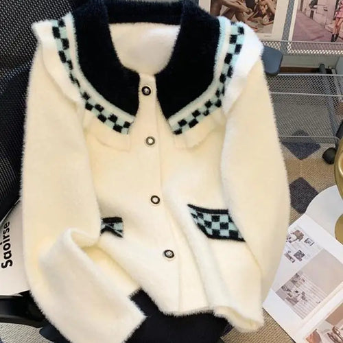 Load image into Gallery viewer, French Vintage Black White Patchwork Mink Sweater Women's 2024 Autumn Winter New Elegant Long Sleeve Cardigan Knit Tops Fashion
