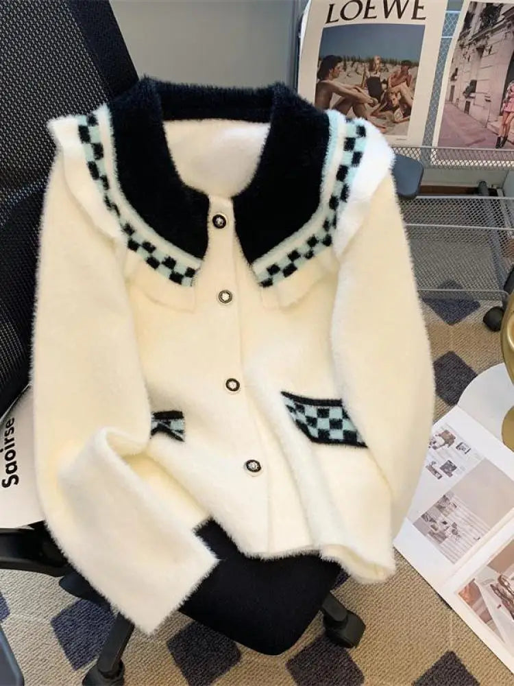 French Vintage Black White Patchwork Mink Sweater Women's 2024 Autumn Winter New Elegant Long Sleeve Cardigan Knit Tops Fashion