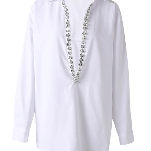 Load image into Gallery viewer, Women Black Rhinestones Big Size Elegant Blouse New V-neck Long Sleeve Shirt Fashion Tide Spring Autumn 2025 CPG3073
