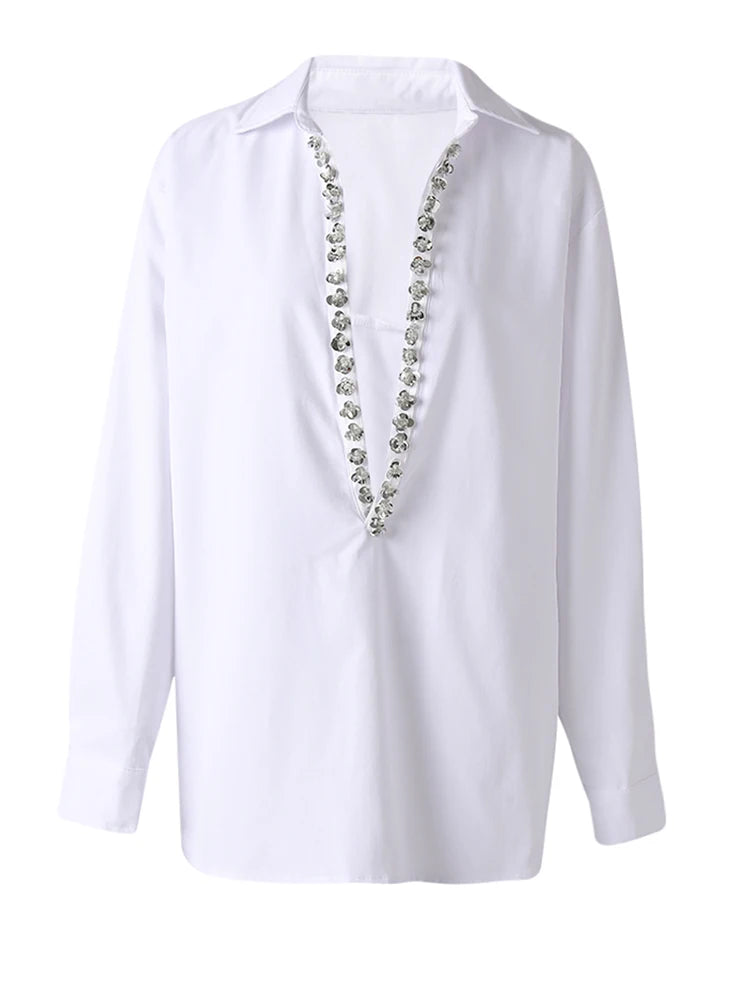 Women Black Rhinestones Big Size Elegant Blouse New V-neck Long Sleeve Shirt Fashion Tide Spring Autumn 2025 CPG3073