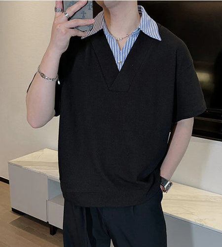 Men's Short Sleeve T-shirts New Summer Korean Casual Turn-down Collar Splicing Fake Two-piece Design Male Top 9W1676