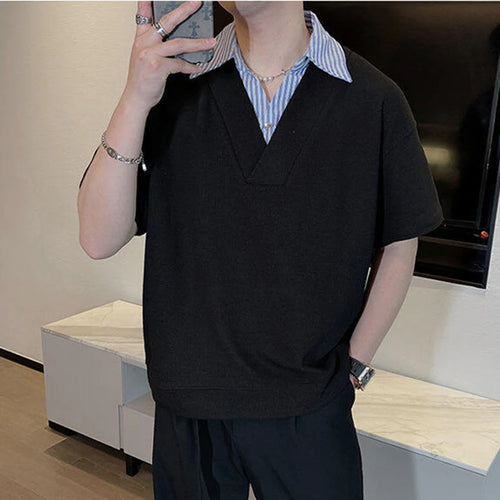 Load image into Gallery viewer, Men's Short Sleeve T-shirts New Summer Korean Casual Turn-down Collar Splicing Fake Two-piece Design Male Top 9W1676
