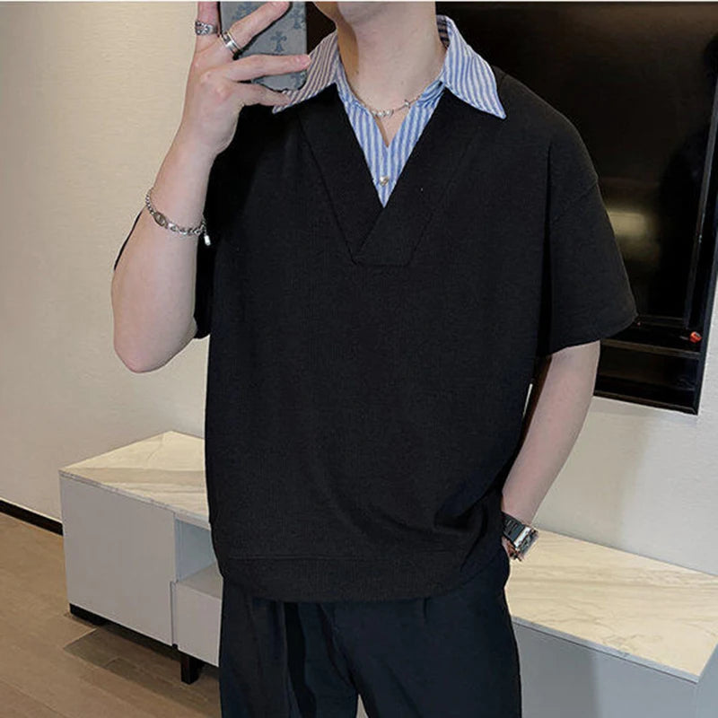 Men's Short Sleeve T-shirts New Summer Korean Casual Turn-down Collar Splicing Fake Two-piece Design Male Top 9W1676