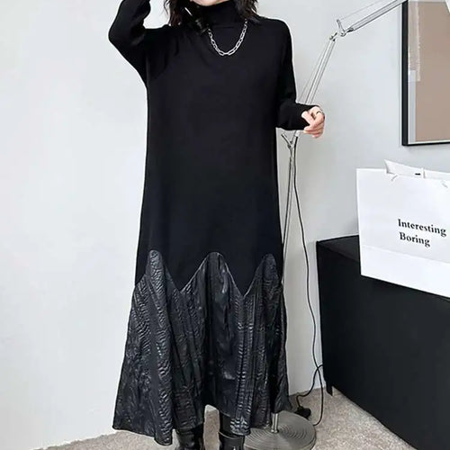 Load image into Gallery viewer, Women Black Knitting Pleated Big Size Long Dress New Turtleneck Long Sleeve Fashion Tide Spring Autumn 2025 1DH1599

