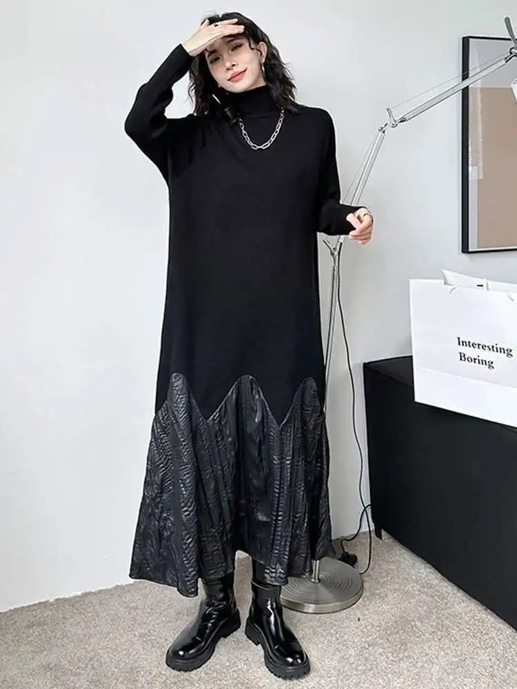 Women Black Knitting Pleated Big Size Long Dress New Turtleneck Long Sleeve Fashion Tide Spring Autumn 2025 1DH1599