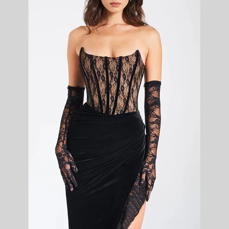 Elegant Lace Strapless Maxi Dress For Women Fashion Black Sleeveless Backless Bodycon Club Party Sexy Long Dress