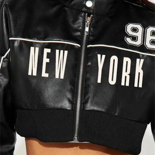 Load image into Gallery viewer, PU Patchwork Women Jacket Letter Print Hipster Button Zip Full Sleeve Trend Cool Street Wild Spring Outwear Crop Coat
