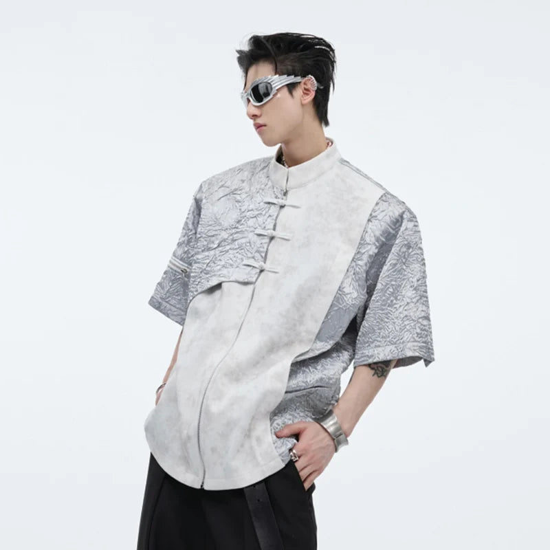 Men's T-shirt Chinese Style Knot Button Design Casual Stand Collar Short Sleeve Shoulder Pads Male Tops Summer Trend 24Y183