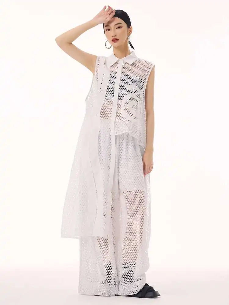 Women White Hollow Out Big Size Long Elegant Shirt Dress New Lapel Sleeveless Fashion Tide Spring Autumn 2025 1DH9424