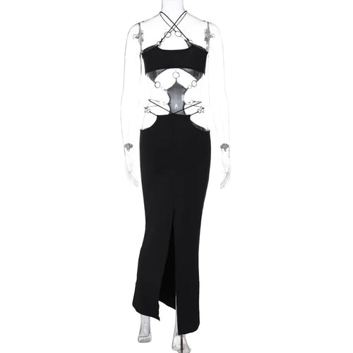 Load image into Gallery viewer, Strapless Metal Ring Cut Out Maxi Dress Women Black Halter Low Cut Backless Hollow Out Bodycon Sexy Party Long Dress
