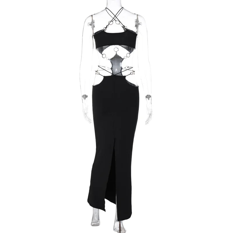 Strapless Metal Ring Cut Out Maxi Dress Women Black Halter Low Cut Backless Hollow Out Bodycon Sexy Party Long Dress