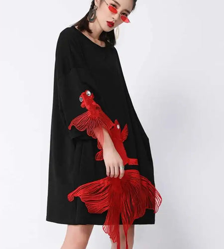 Women Black Fish Embroidery Knee Length Big Size Dress New Round Neck Wrist Sleeve Fashion Tide Spring Autumn 2025 OA868