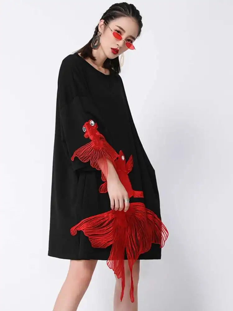 Women Black Fish Embroidery Knee Length Big Size Dress New Round Neck Wrist Sleeve Fashion Tide Spring Autumn 2025 OA868
