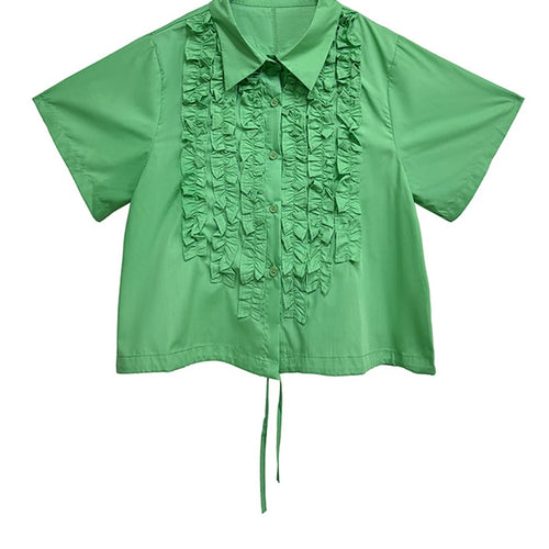 Load image into Gallery viewer, Women Red Ruffles Drawstring Big Size Elegant Blouse New Lapel Short Sleeve Shirt Fashion Tide Spring Summer 2025 1DJ1606
