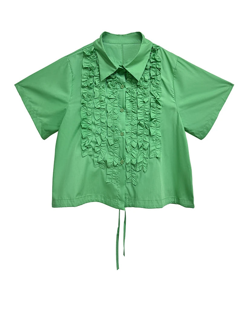 Women Red Ruffles Drawstring Big Size Elegant Blouse New Lapel Short Sleeve Shirt Fashion Tide Spring Summer 2025 1DJ1606