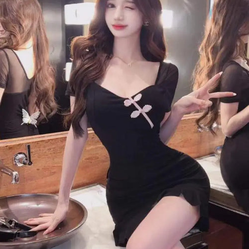 Load image into Gallery viewer, Vintage Summer Chinese Style Black Elegant Sexy Club Party Mini Dress Women Square Collar Short Sleeve Backless Slim Short Dress

