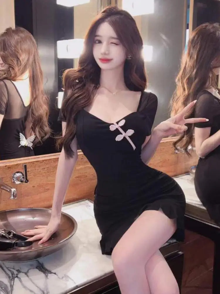 Vintage Summer Chinese Style Black Elegant Sexy Club Party Mini Dress Women Square Collar Short Sleeve Backless Slim Short Dress