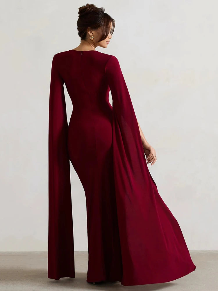 Elegant Bodycon High Slit Long Sleeved Shawl Women Dress Elasticity Tight Sexy Party Club Evening Dress Female Vestido