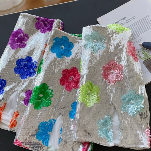 Load image into Gallery viewer, French Women Fashion Floral Sequined Sexy Club Zipper Mini Skirt Vintage High Waist Lady Split Short Skirts Spring Summer Trendy
