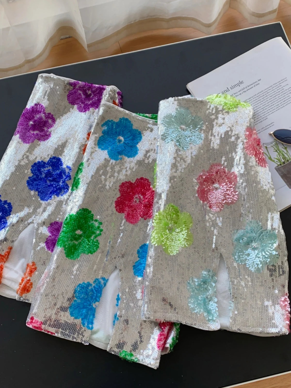 French Women Fashion Floral Sequined Sexy Club Zipper Mini Skirt Vintage High Waist Lady Split Short Skirts Spring Summer Trendy