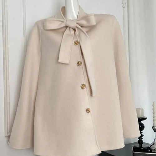 Load image into Gallery viewer, Korean Women's Beige Black Loose Woolen Coat Fashion Grey Single Breasted Long Sleeve Bow Lace-up Jacket 2024 Autumn Winter Chic
