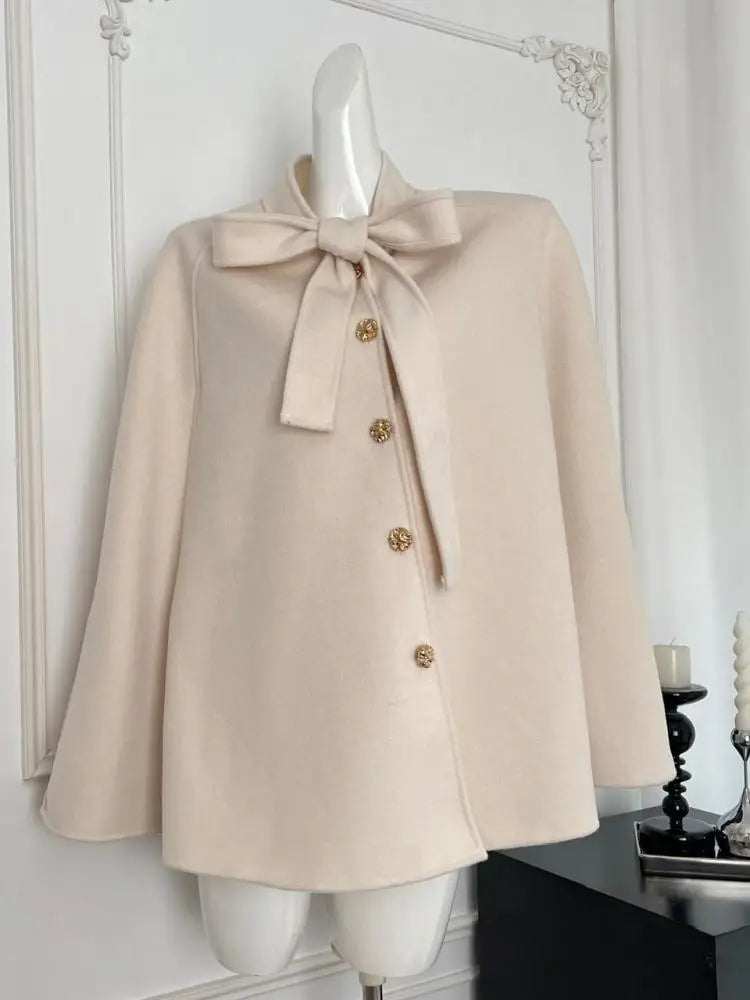Korean Women's Beige Black Loose Woolen Coat Fashion Grey Single Breasted Long Sleeve Bow Lace-up Jacket 2024 Autumn Winter Chic