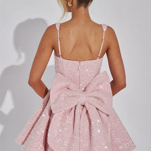 Load image into Gallery viewer, Sequins Bow Backless Sexy Mini Dress For Women Robe Fashion Square Collar Sleeveless High Waist A-line Club Dress

