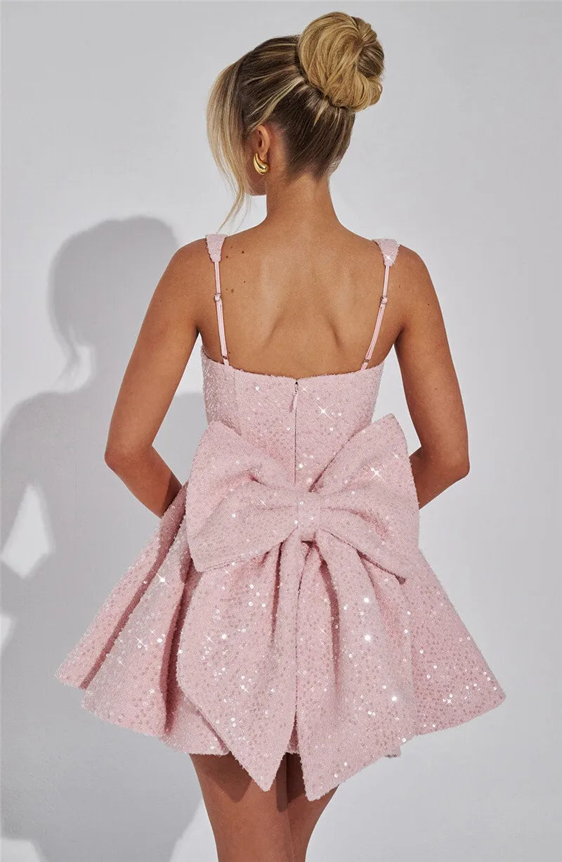 Sequins Bow Backless Sexy Mini Dress For Women Robe Fashion Square Collar Sleeveless High Waist A-line Club Dress