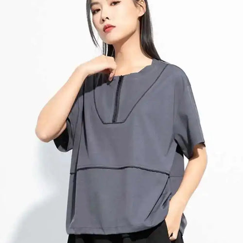 Load image into Gallery viewer, Women Black Zipper Spliced Drawstring Big Size T-shirt New Round Neck Short Sleeve Fashion Tide Spring Summer 2025 1DH5068
