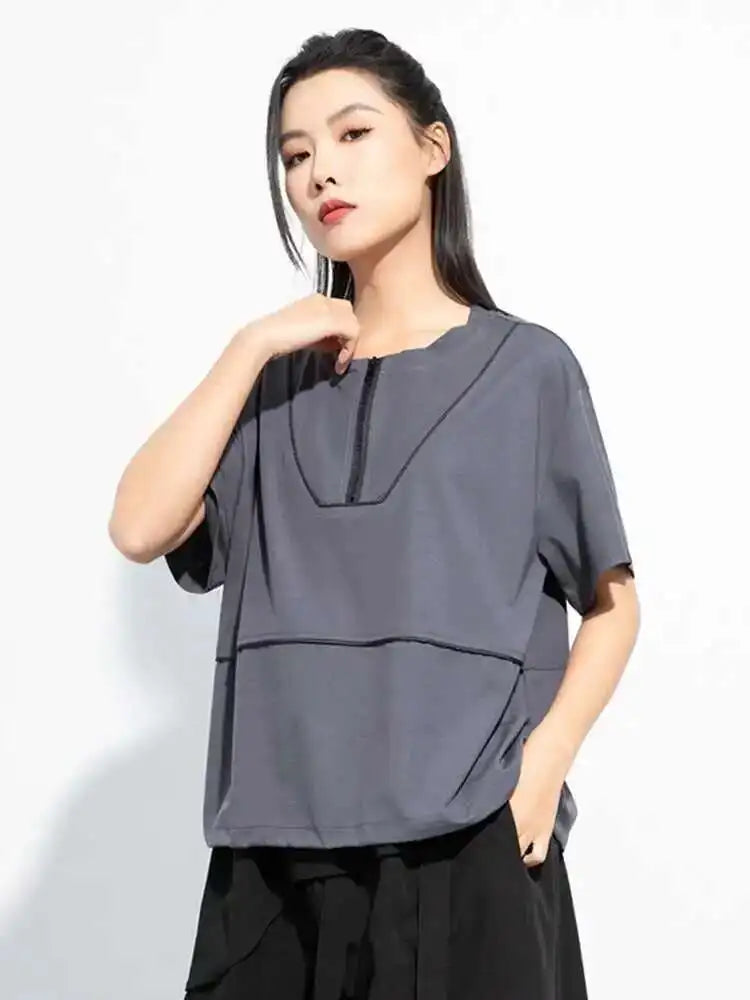 Women Black Zipper Spliced Drawstring Big Size T-shirt New Round Neck Short Sleeve Fashion Tide Spring Summer 2025 1DH5068