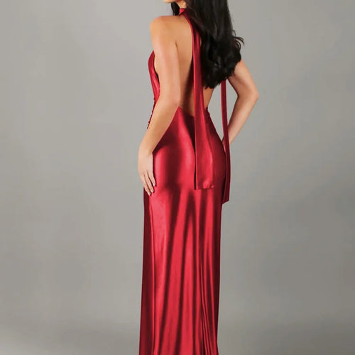 Load image into Gallery viewer, V-neck Sleeveless Neck-mounted Backless Ribbon Thigh Split Maxi Dress Women Elegant Sexy Evening Dress Ladies Outfits
