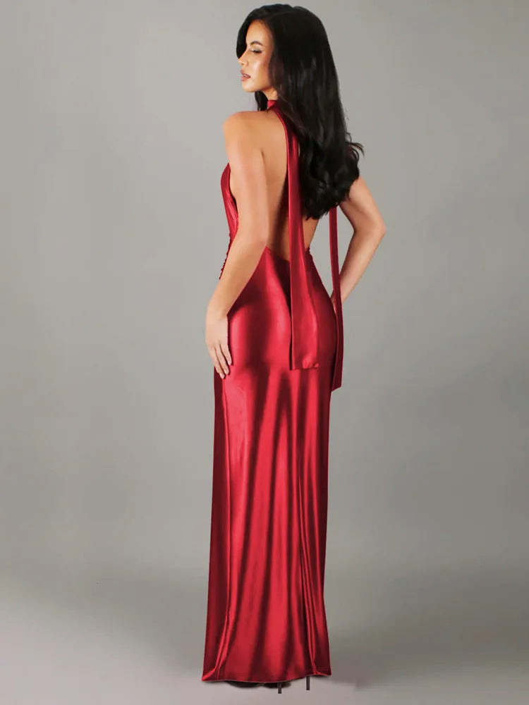 V-neck Sleeveless Neck-mounted Backless Ribbon Thigh Split Maxi Dress Women Elegant Sexy Evening Dress Ladies Outfits