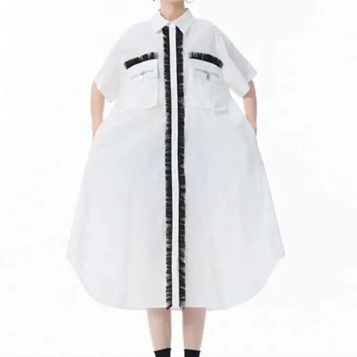 Load image into Gallery viewer, Women White Mesh Color-block Big Size Midi Shirt Dress New Lapel Short Sleeve Fashion Tide Spring Summer 2025 1DJ0003
