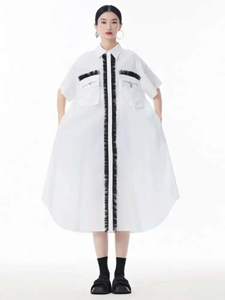 Women White Mesh Color-block Big Size Midi Shirt Dress New Lapel Short Sleeve Fashion Tide Spring Summer 2025 1DJ0003