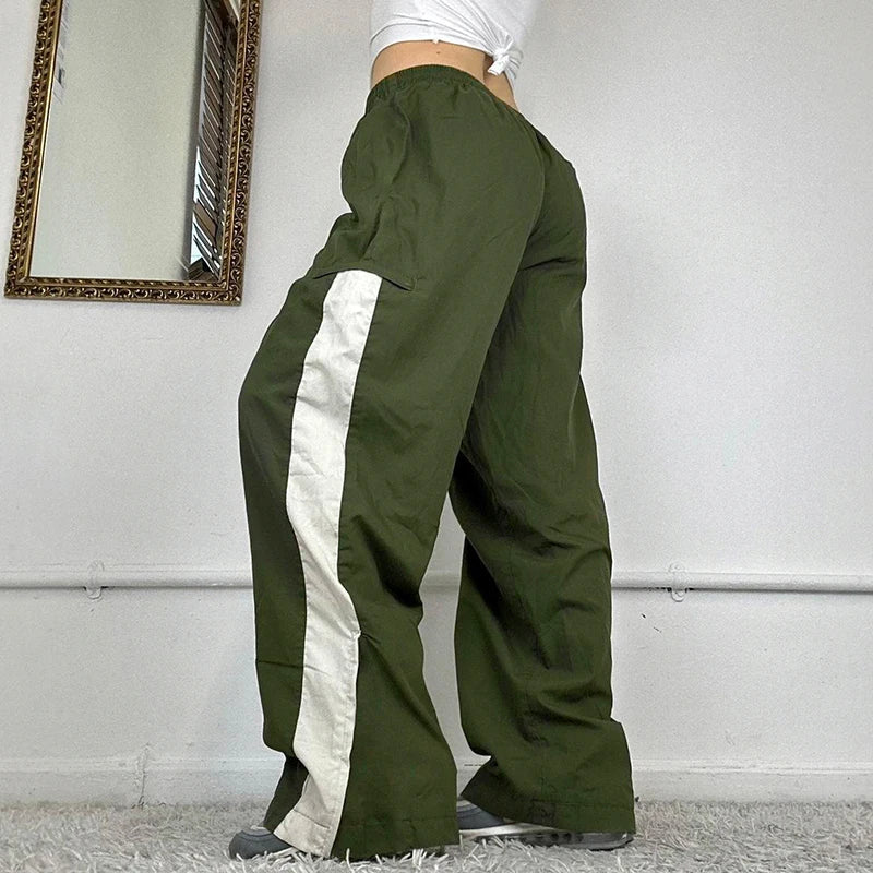 Streetwear Loose Stripe Patchwork Women Pants Elastic Waist Casual Basic Straight Leg Trousers Joggers Contrast Color